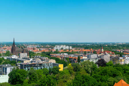 WROCLAW - POLAND - MAY 7, 2018: View from the Tower of a Cathedral of St John the Baptist to the New and Old Town and the Oder river. Red roofs of the European cityのeditorial素材