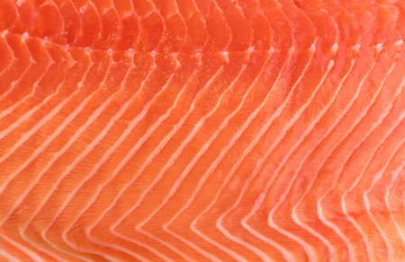 Natural Atlantic Norwegian Salmon Fillet Texture or Pattern Closeup. Macro Photo Fresh Red Fish or...