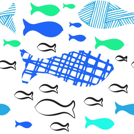 Hand drawn doodle fishes vector seamless pattern isolated on white background. Flock of sketched fish pictogram mono linear modern design. Simple vector illustration of sea animalsのイラスト素材