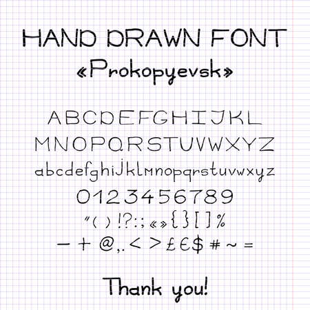 Hand drawn imitation of vector font with brush letters and numbers. Sketch of neat handwritten or doodle ink alphabet for typographyのイラスト素材