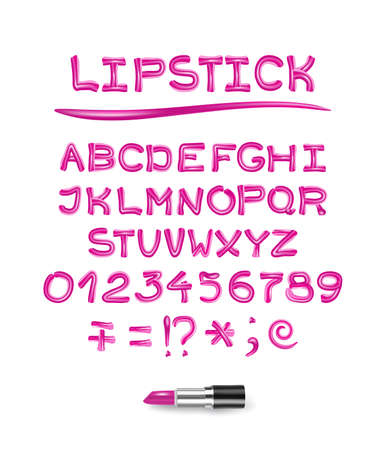 Pink glitter lipstick alphabet and numbers isolated on white background. Realistic vector 3d illustration of lipstick tube and red lip stick brush fontのイラスト素材