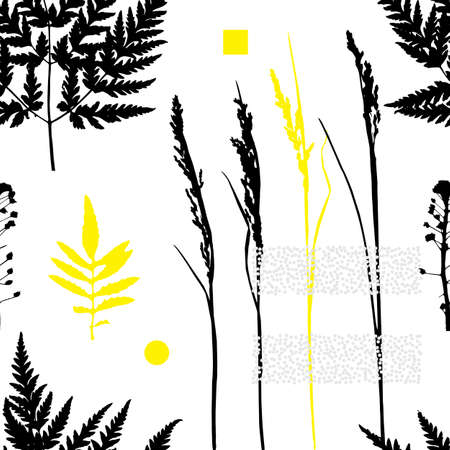 Abstract geometric design with plant elements on white background. Botanical seamless pattern or modern summer poster with leaf and grass shapesのイラスト素材