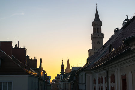 OPOLE, POLAND - February 16, 2019: Beautiful Fabulous View of the Old City Towers Silhouettes in...