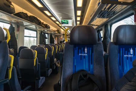 OPOLE, POLAND - February 16, 2019: Photo Inside Modern and ComfortablePassenger Train of Opole Voivodeship in Poland. Editorial Imageのeditorial素材