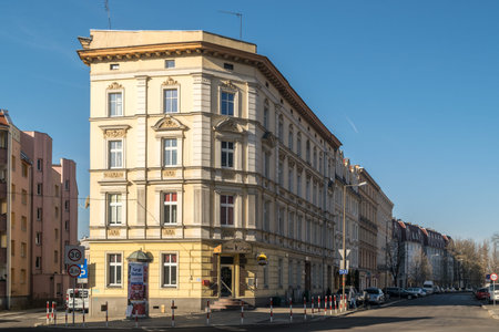 OPOLE, POLAND - February 16, 2019: Old and New Houses in Opole City Center Near the Market Square. Editorial Imageのeditorial素材