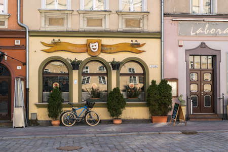OPOLE, POLAND - February 16, 2019: Bicycle on the old European Street in Opole City Center Near the Market Square. Editorial Imageのeditorial素材