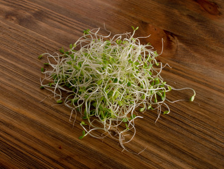 Heap of red clover sprouts, lucerne and radish sprouts on wood rustic table background top view. Sprouted vegetable seeds for raw diet food, micro green healthy eating conceptの写真素材
