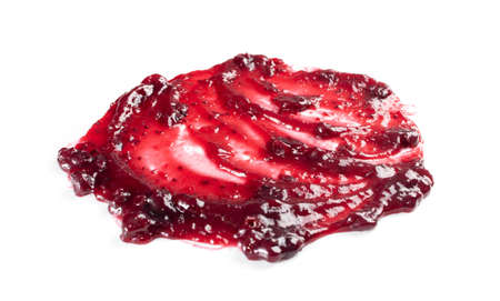 Dark red berry jam blot frame or spot isolated on white background. Sweet confiture drops or marmalade splash top viewの写真素材