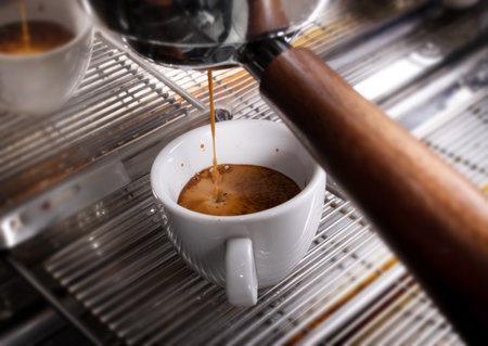 Macro shot of preparing espresso on professional coffee machine in coffeeshop or cafe closeup....