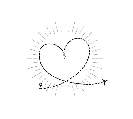 Romantic travel concept with airplane dotted heart path, aircraft love tracking, trace or road vector illustration. Plane track to point, line way or air linesのイラスト素材