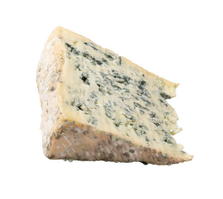 Triangle moldy cheese piece isolated. Wedge of gorgonzola, neufchatel or danablue cheese with mold close upの写真素材