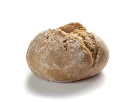 Homemade Freshly Baked Traditional Rye Bread Bun Isolated on White Background Side View. Small Whole...