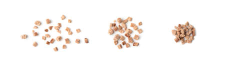 Pile of dry chopped meat for ramen noodles isolated on white background top viewの写真素材