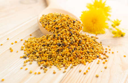 Macro shot of bee pollen or perga in wooden spoon on blurred rustic background. Raw brown, yellow, orange and blue flower pollen grains or bee bread. Healthy food supplement with selective focusの写真素材
