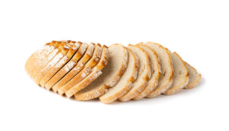 Traditional sliced bread isolated on white background. Pieces of homemade brown organic cereal loaf made of sourdough dough, slices of freshly baked wheat rye breadの写真素材