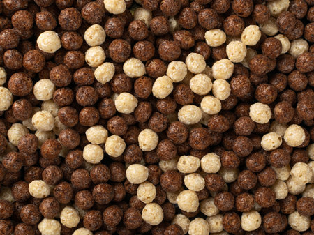 Chocolate vanilla breakfast cereal balls mix texture background. Macro shot of round crunchy corn cereals pattern, dry crispy corn balls or brown and white corn flakes spheres mockup top viewの写真素材