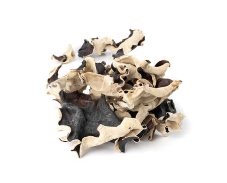 Dry black fungus, tree ear or wood ear mushroom isolated on white background. Dried auricularia polytricha also known as cloud ear, black mushroom, jelly fungus or cloud ear fungusの写真素材