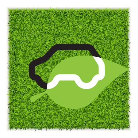 eco car icon on green grass. Ecology electric hybrid vehicle, green auto conceptのイラスト素材