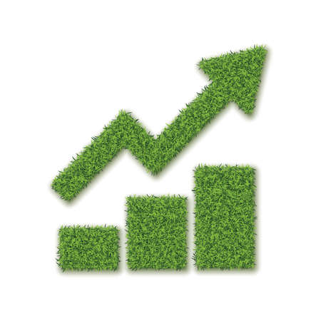 Green Grass Growth Chart on White Background. Three Bars of Grass with Arrow 3D Illustrationのイラスト素材