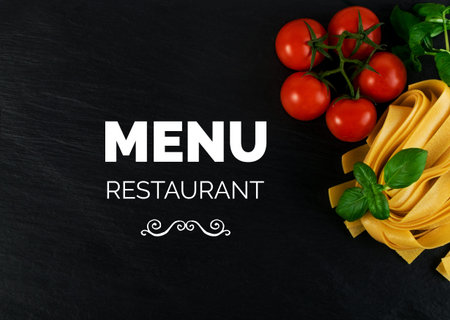 Italian Restaurant Menu Mockup. Dark Stone Background with Homemade Pasta, Tomatoes and Fresh Basil