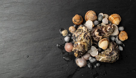 Fresh closed oysters on ice in seafood restaurant. Raw molluscs, shellfish or mussels on black...