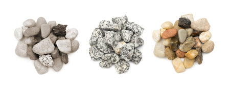 Heap Collection of Pebbles or Sea Stones Isolated on White Background. Set of Basalt Pieces Piles