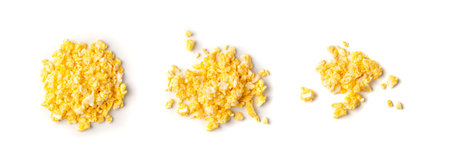 Scrambled eggs or omelet isolated on white background. Breakfast fried eggs mixed or beaten together...