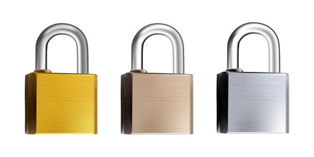 Metal Locks Collection with Golden, Copper and Silver Lock Isolated. Three Padlocks Mockups Made of Different Metals 3d Illustrationのイラスト素材