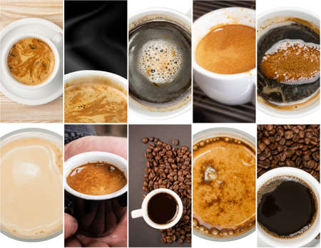 Coffee Cups Drink Collage. Various Coffee Collection, Different Beverage Mix, Black Espresso Assortmentの写真素材