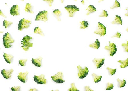 Broccoli florets texture pattern isolated on white background. Top view food photography