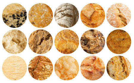Bread Textures Food Collage. Various Homemade Bakery Products Collection, Different Sliced and Whole...