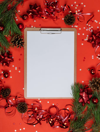 Christmas Decorations Mockup with White Sheet Top View. Red Xmas Background with Copy Space