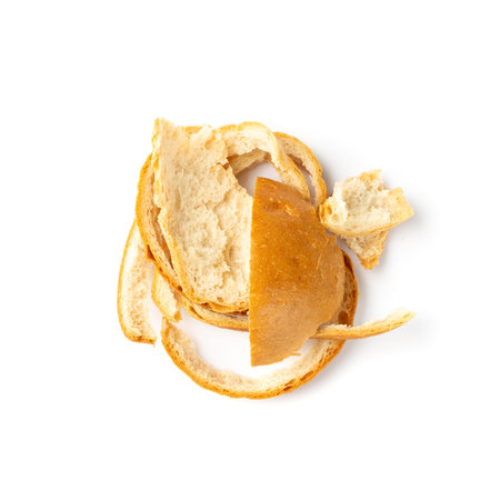 Heap of Bread Crusts Isolated on White Background Top View. Crushed Rusk Bread Crusts, Degradable...