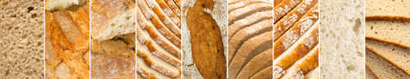 Bread Texture Food Collage. Various Breads Collection, Different Sliced and Whole Bread Mix, Assortmentの写真素材