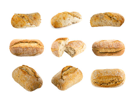 Big Set of Homemade Traditional Bread Isolated on White Background. Whole Loafs of Rustic Organic...