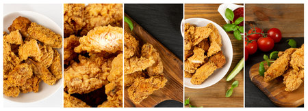 Breaded Fried Chicken Food Collage. Various Hot Crispy Chicken Nuggets Collection, Different Fillet...