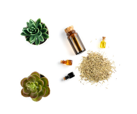 Rosemary essential oil in small vintage bottle mockup top view. Heap of dry rosemary leaves oil in...
