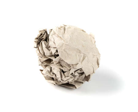 Crumpled Paper Ball Isolated on White background. Natural Textured Brown Wadded Up Document Sheet. Crumpled Up Paper, Kraft Vintage Page Ballの写真素材