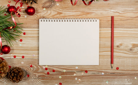 Christmas Decorations Mockup with White Notepad Top View. Blank Sheet with Red Pencil for Wish List...