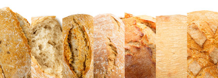Bread Textures Food Collage. Various Homemade Bakery Products Collection, Different Sliced and Whole...