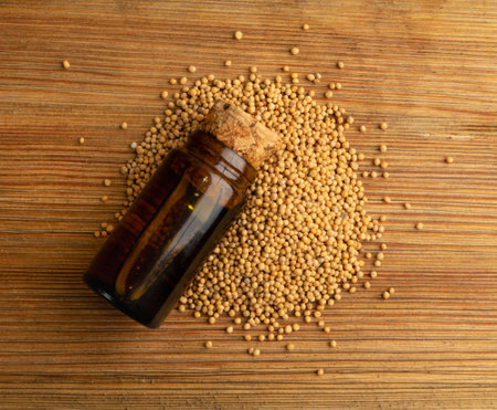 Mustard seeds oil in small vintage bottle. Heap of mostarde seeds and organic essential oil in medicine jar. Moutarde essence, tincture, extract or infusion on wooden rustic background closeupの写真素材