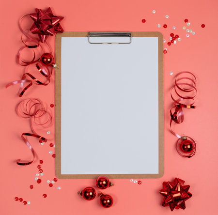 Christmas Decorations Mockup with White Sheet Top View. Red Xmas Background with Copy Spaceの写真素材