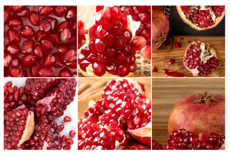 Pomegranate Seeds Collage. Various Granatum Collection, Different Apple Grenade Mix, Garnet Assortmentの写真素材