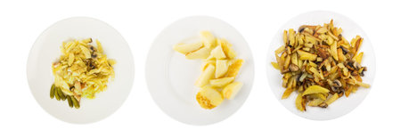 Cooked potatoes with mushrooms, chicken and pickled cucumbers top view set. Fried potato collectionの写真素材