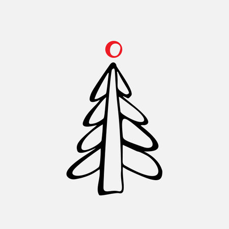 Hand drawn christmas tree icon on gray background. Xmas tree doodle sketch graphic element, new year scribble fir symbol, sign, silhouette isolated. Handdrawn vector imitationのイラスト素材