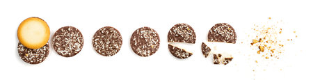 Broken Coconut Biscuit Coated in Dark Chocolate. Round Cookies Collection Isolated on White Background Top Viewの写真素材