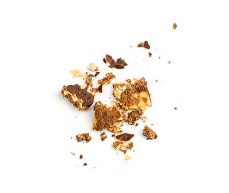 Broken Chocolate Wafers Isolated. Wafer Bar Pieces, Waffle Biscuits Bites. Crunchy Bar Cookies Crumbles, Long Biscuit Sticks Chunk on White Background Top Viewの写真素材