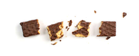 Broken Chocolate Wafers Isolated. Wafer Bar Pieces, Waffle Biscuits Bites. Crunchy Bar Cookies Crumbles, Long Biscuit Sticks Chunk on White Background Top Viewの写真素材