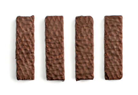 Set of Chocolate Wafers Isolated. Wafer Bar, Waffle Biscuits Coated in Dark Chocolate. Crunchy Bar Cookies, Long Biscuit Sticks on White Background Top Viewの写真素材