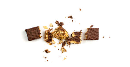 Broken Chocolate Wafers Isolated. Wafer Bar Pieces, Waffle Biscuits Bites. Crunchy Bar Cookies Crumbles, Long Biscuit Sticks Chunk on White Background Top Viewの写真素材